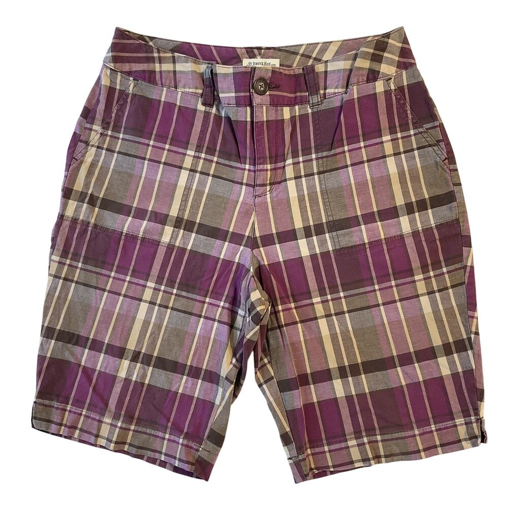 St. Johns Bay Women Shorts 10P Purple Plaid Bermuda Button 10" Inseam 30” Waist